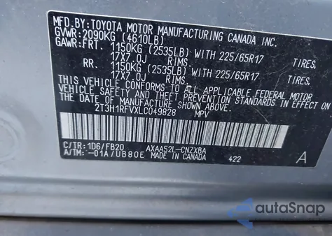 2020 Toyota Rav4 Le z USA, uszkodzony, nr VIN 2T3H1RFVXLC049828